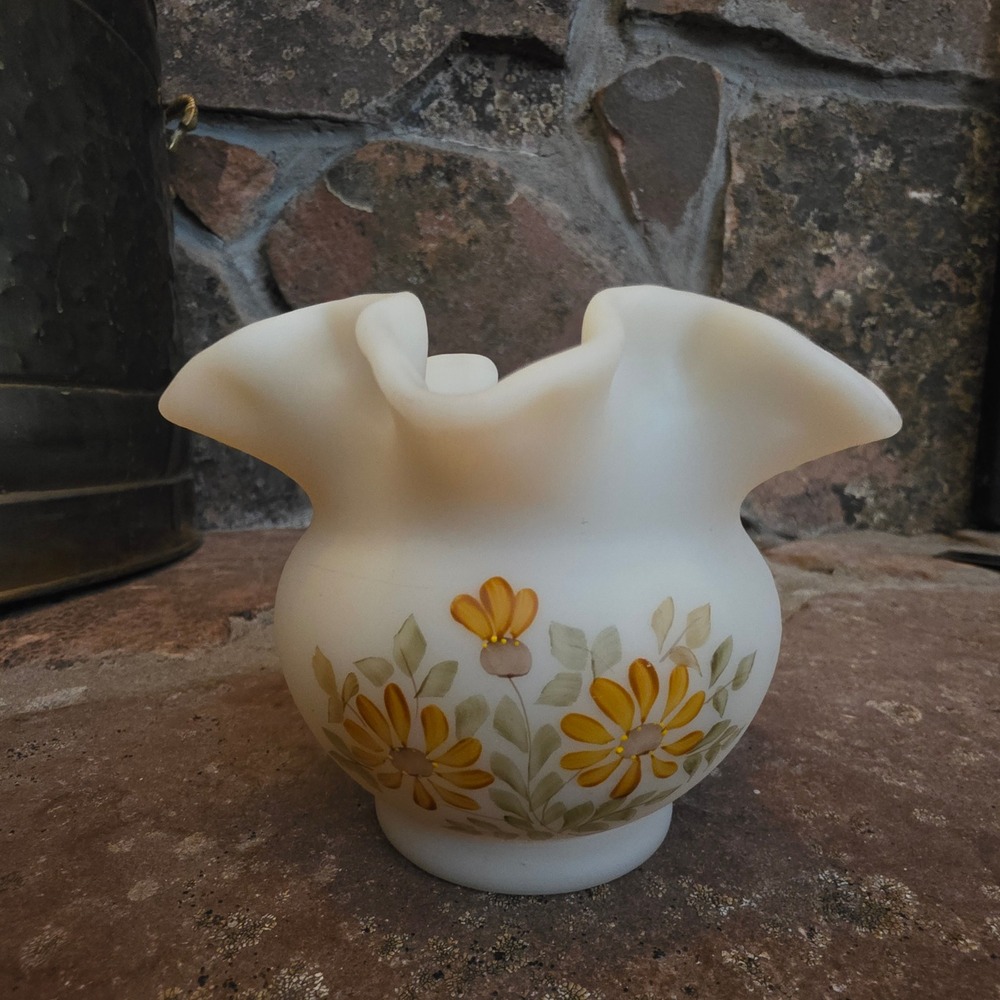 Fenton Custard Glass Ruffled Vase Hand Painted Floral Betsy W Signed Vintage